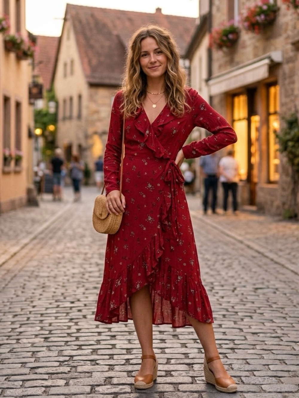 Gilli Stitch Fix Boho Floral Wrap Midi Dress Burgundy Ruffle Long Sleeve Size M